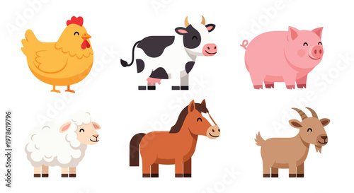 Collection set flat style vector illustration of farm animals including chicken, cow, pig, sheep, horse and goat, agriculture livestock characters isolated