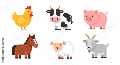 Collection set flat style vector illustration of farm animals including chicken, cow, pig, sheep, horse and goat, agriculture livestock characters isolated