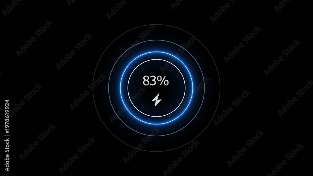 Fototapeta premium Neon countdown loading 83% battery charging icon illustration background.
