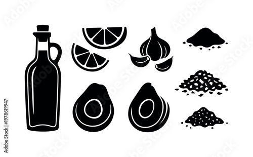 Avocado toast ingredients set including olive oil bottle, lemon wedge slices, garlic cloves, chili flakes pile, salt pinch, bold