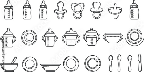 Baby Feeding Bottle and Pacifier Outline Icon Set with Toddler Tableware Spoons Bowls Plates and Infant Care Essentials Collection Design