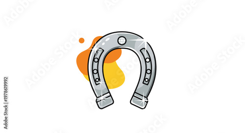 Lucky silver horseshoe with a sparkling finish and decorative holes, set against an abstract orange and yellow background splash.