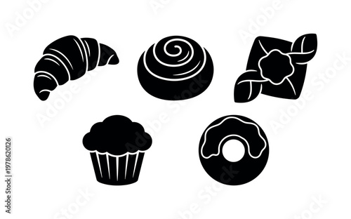 Bakery pastries including croissant pastry, cinnamon roll swirl, danish pastry shape, muffin cupcake, donut ring pastry, bold