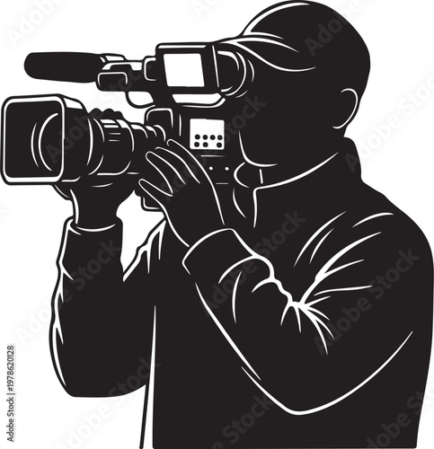 Silhouette of a man holding a video camera recorder