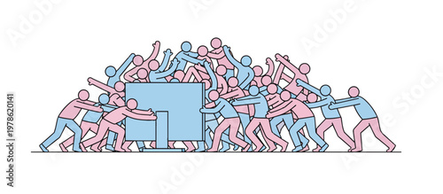 Crowd of people fighting over a television on sale. Black Friday shopping frenzy concept. Flat line vector illustration isolated on transparent background