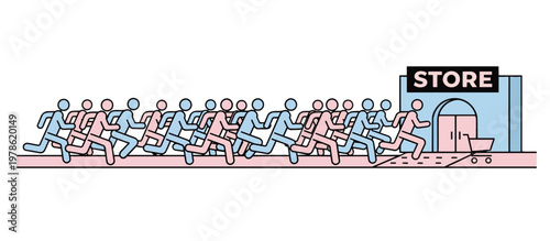Crowd of people running into a store for a sale. Black Friday shopping rush concept. Flat line vector illustration isolated on transparent background