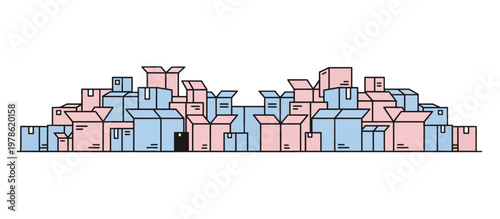 Pile of empty open cardboard boxes. Shopping delivery and sold out inventory concept. Flat line vector illustration isolated on transparent background