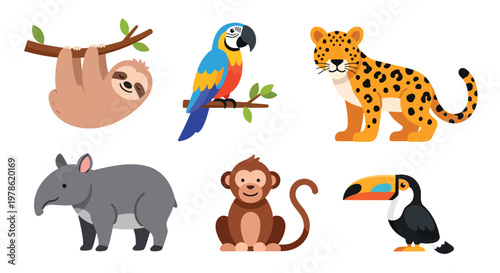 Collection set flat style vector illustration of jungle animals including sloth, parrot, monkey, leopard and toucan, tropical wildlife characters isolated