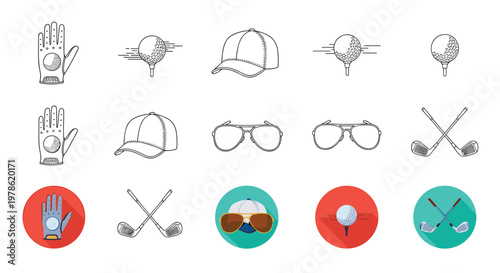 Comprehensive collection of golf icons including gloves, balls on tees, caps, sunglasses, and crossed clubs in various graphic styles.