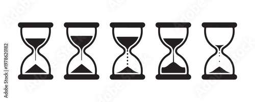 Set of five black hourglass icons with different sand levels representing time passing and waiting periods.