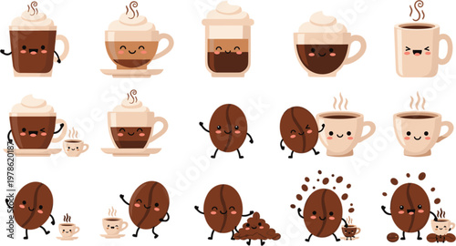 Kawaii Coffee Cup and Coffee Bean Character Vector Set with Cute Cartoon Drinks Smiling Faces and Cafe Beverage Collection Design