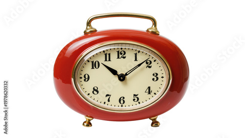 Foto Red oval alarm clock with golden handle and feet, isolated on transparent backgr