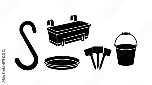 Balcony garden accessories including plant hanger hook, balcony railing planter, drip tray plate, plant label markers, small