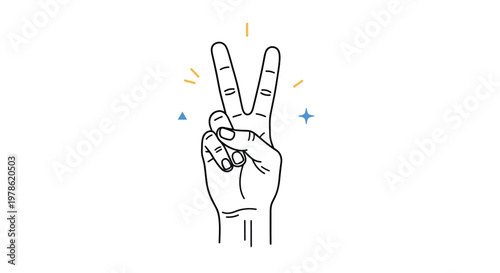 Line drawing of a human hand showing the peace or victory sign with two fingers up, decorated with small stars and colorful accents.