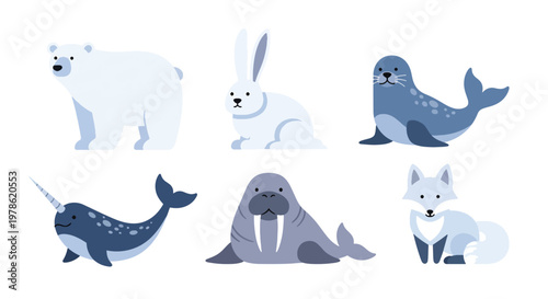 Collection set flat style vector illustration of arctic animals including seal, walrus, narwhal, polar bear and fox, cold wildlife characters isolated