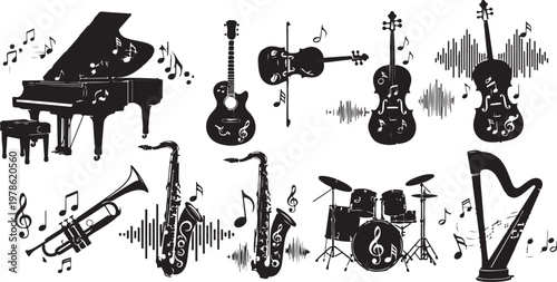 Musical instruments and notes in black and white illustration style
