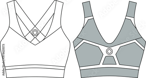 Front and back view of a white and gray sports bra with geometric design activewear sportswear
