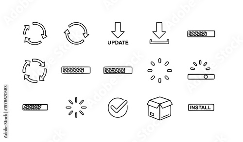Loading and Progress Icons Set with Refresh Arrows, Upload Download Symbols, Spinners, Status Indicators, and Installation Elements for UI UX Interface Design
