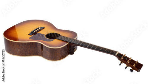 Acoustic guitar with sunburst finish and dark wood body, isolated on transparent background