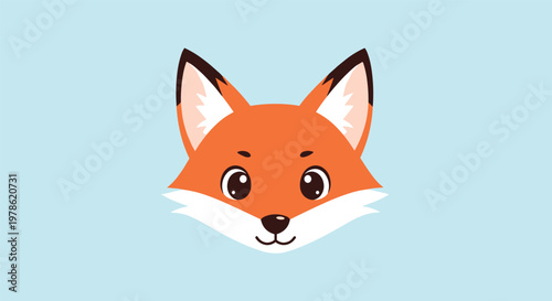 Adorable illustration of a baby fox head with large expressive eyes and white fur details on a soft blue background.