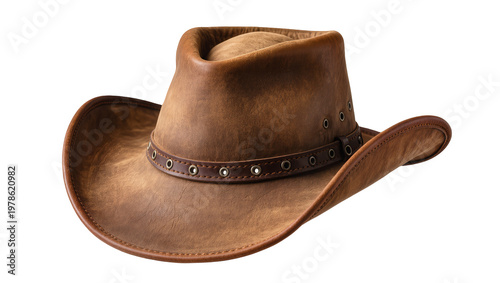 Cuadro en lienzo Brown distressed leather cowboy hat with studded band, isolated on transparent b