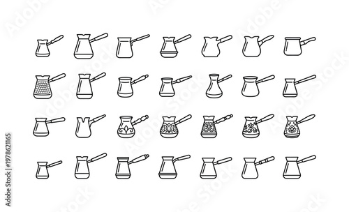 Coffee cezves with traditional Turkish coffee pots, small cezves, large cezves, copper pots, and decorative coffee kettles clean