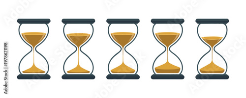 Five sleek modern hourglass designs with blue frames and yellow sand demonstrating chronological time sequence.