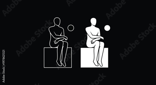 Two minimalist depictions of a seated figure one black outline and one white silhouette against a dark background