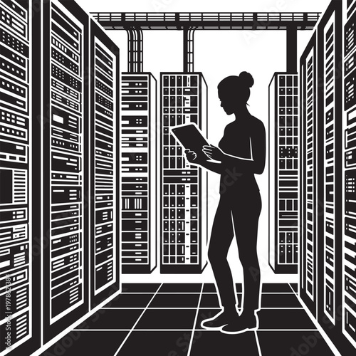 Silhouette of a woman technician working in a server room amidst rows of data racks holding a tablet and examining technology infrastructure with focused concentration in a modern