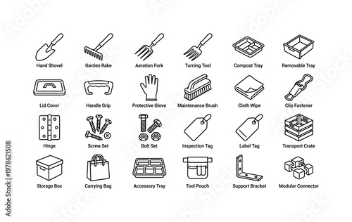 Compost bin accessories with aeration tools, shovels, rakes, trays, gloves, and maintenance items clean monoline outline icon set