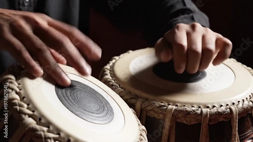 Hands playing traditional percussion instrument in soft lighting  