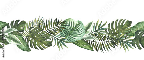 Watercolor seamless tropical border with monstera and palm leaves on light background. Botanical horizontal composition with lush greenery. Perfect for design, invitation and packaging.