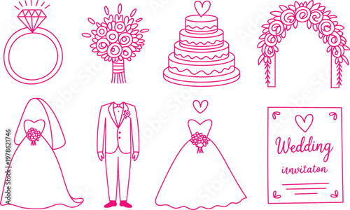 Set of pink wedding line featuring a diamond ring, floral bouquet, tiered cake, flower arch, bride and groom attire, and a wedding invitation card on a white background