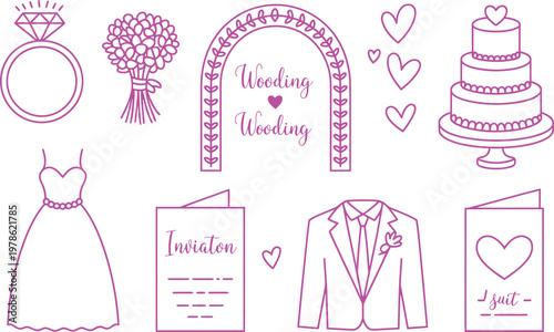 Set of purple outline wedding including a diamond ring, floral bouquet, archway, three-tier cake, bridal gown, groom suit, and invitation cards on a white background