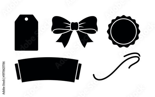 Branding accessories including hang tag label, ribbon bow, seal sticker shape, paper sleeve wrap, product tag string, bold black