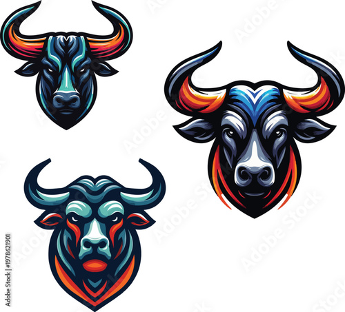 Colorful Bull Head Logo Design, Modern Aggressive Bull Illustration