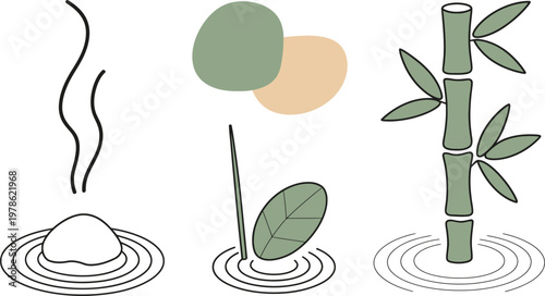Zen-inspired set featuring a steaming stone, a single leaf in water ripples, and a bamboo stalk, rendered in a minimalist flat style with sage green and beige organic shapes on white