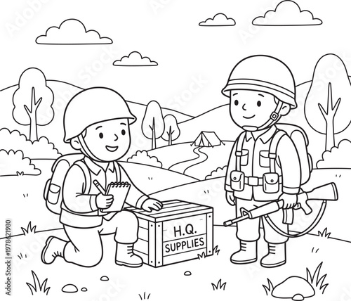 Charming cartoon soldiers in vintage uniform one kneeling to write on a notepad by a crate labeled hq supplies the other standing with a rifle set against a whimsical hilly