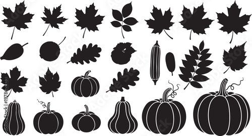 Autumn icons including leaves and pumpkins in black silhouette style