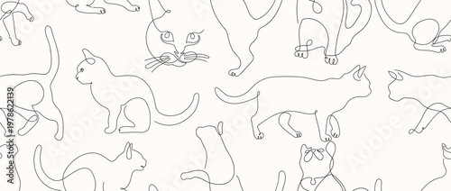 Seamless pattern with continuous single line cats, sitting, running poses in side view. Minimal one line feline figures forming repeat vector for textiles, wrapping paper, wallpapers, pet themes.