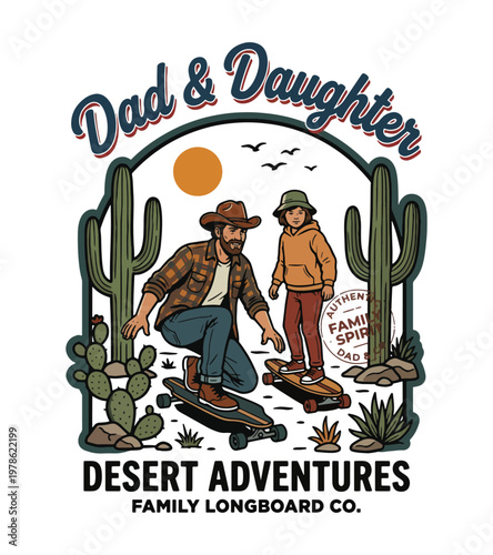 A father and daughter enjoy a sunny desert adventure skateboarding together surrounded by cacti and birds in the sky vintage retro t shirt design