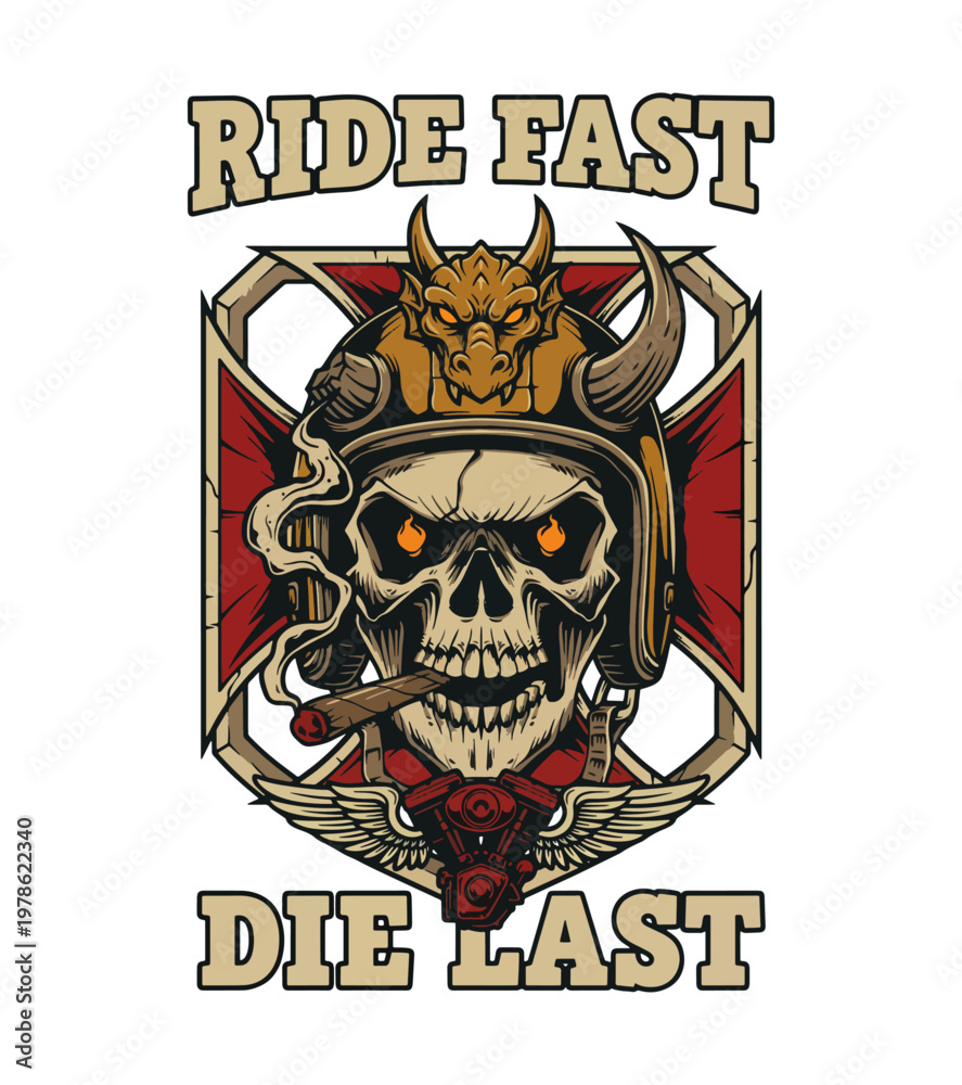 Obraz premium Graphic illustration of a skull wearing a motorcycle helmet and dragon ornament with a cigar and engine graphic beneath symbolizing freedom and the biker lifestyle vintage retro t shirt design