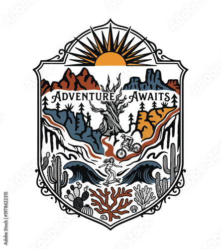 Embrace outdoor exploration with this vibrant adventure awaits illustration featuring surfing biking and desert landscapes under a bright sun vintage retro t shirt design