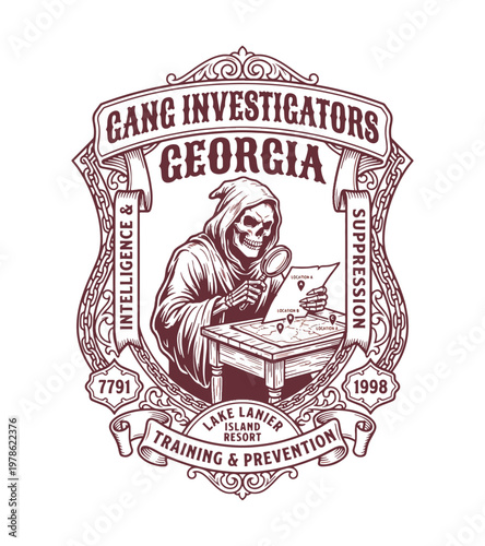 Grim Reaper figure with magnifying glass studying a map with locations during investigation for gang intelligence and suppression vintage retro t shirt design
