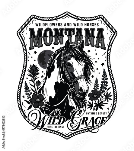 Illustrative black and white crest design featuring a piebald horse surrounded by wildflowers moon and stars with Montana and Wild Grace text vintage retro t shirt design