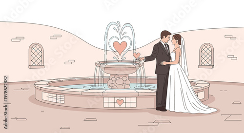 Couple Embracing Near Fountain with Heart Symbol, Wedding Illustration