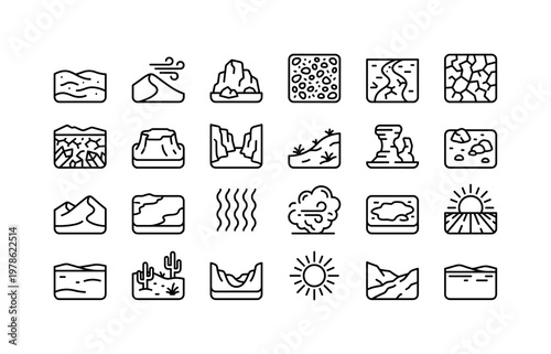 Desert cactus habitats with sandy dunes rocky terrain arid landscapes and harsh environmental conditions clean monoline outline