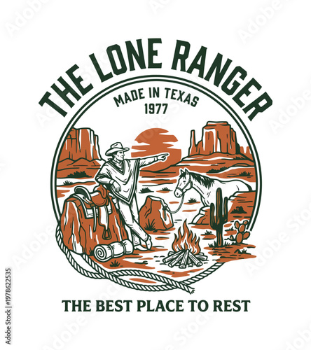 Retro western scene illustration featuring a cowboy pointing towards the horizon with his horse and campfire in a desert landscape with a sun and mesa formations vintage retro t shirt design