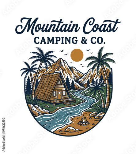 Retro vintage style outdoor adventure camping scene featuring an Aframe cabin by a winding river and tall palm trees vintage retro t shirt design