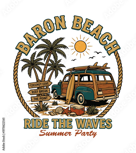 Retro woody station wagon with surfboards parked on a beach with palm trees and sun overhead promoting Baron Beach vintage retro t shirt design